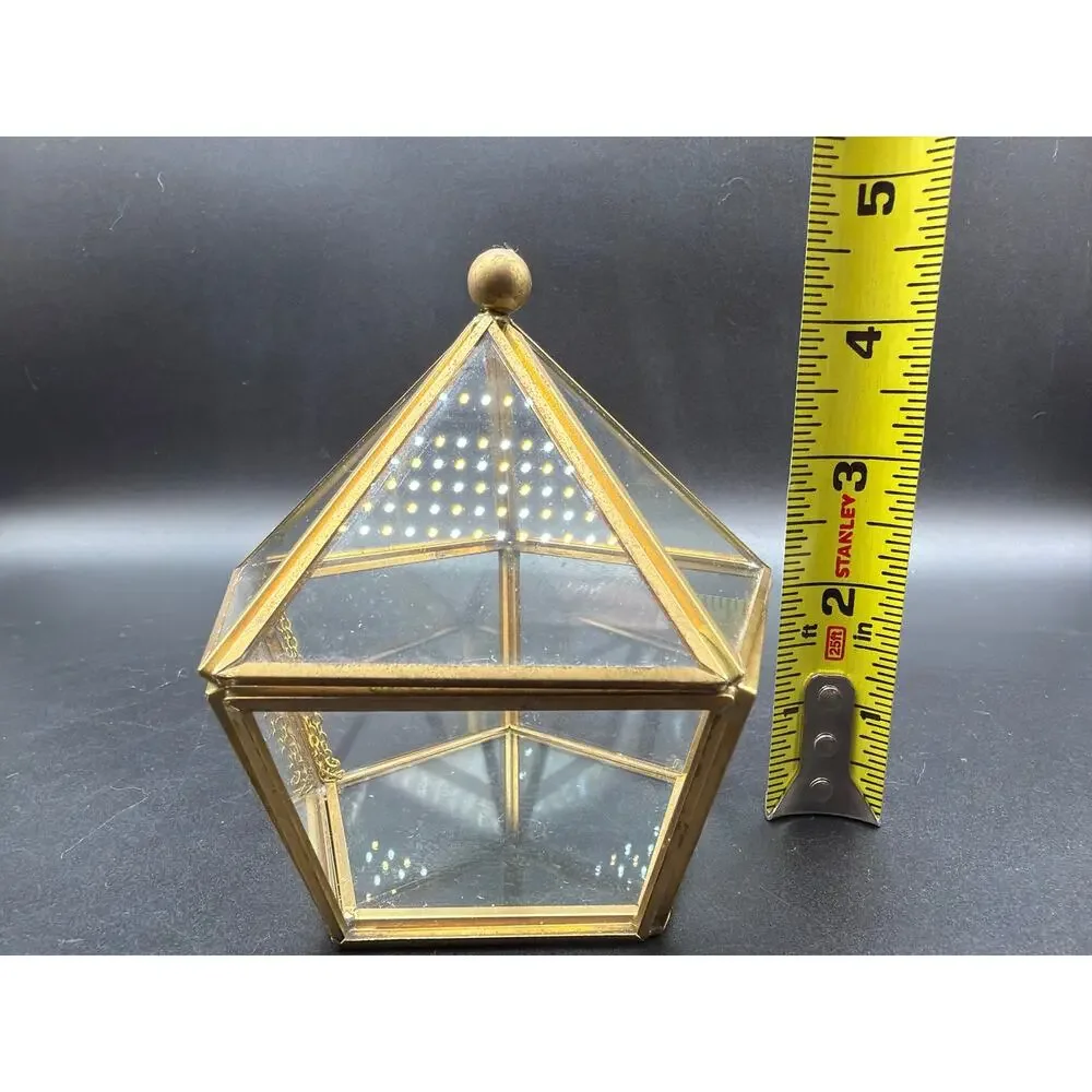 Vintage Brass Glass Pentagon Trinket Box Hinged Jewelry Case Terrarium 6.5